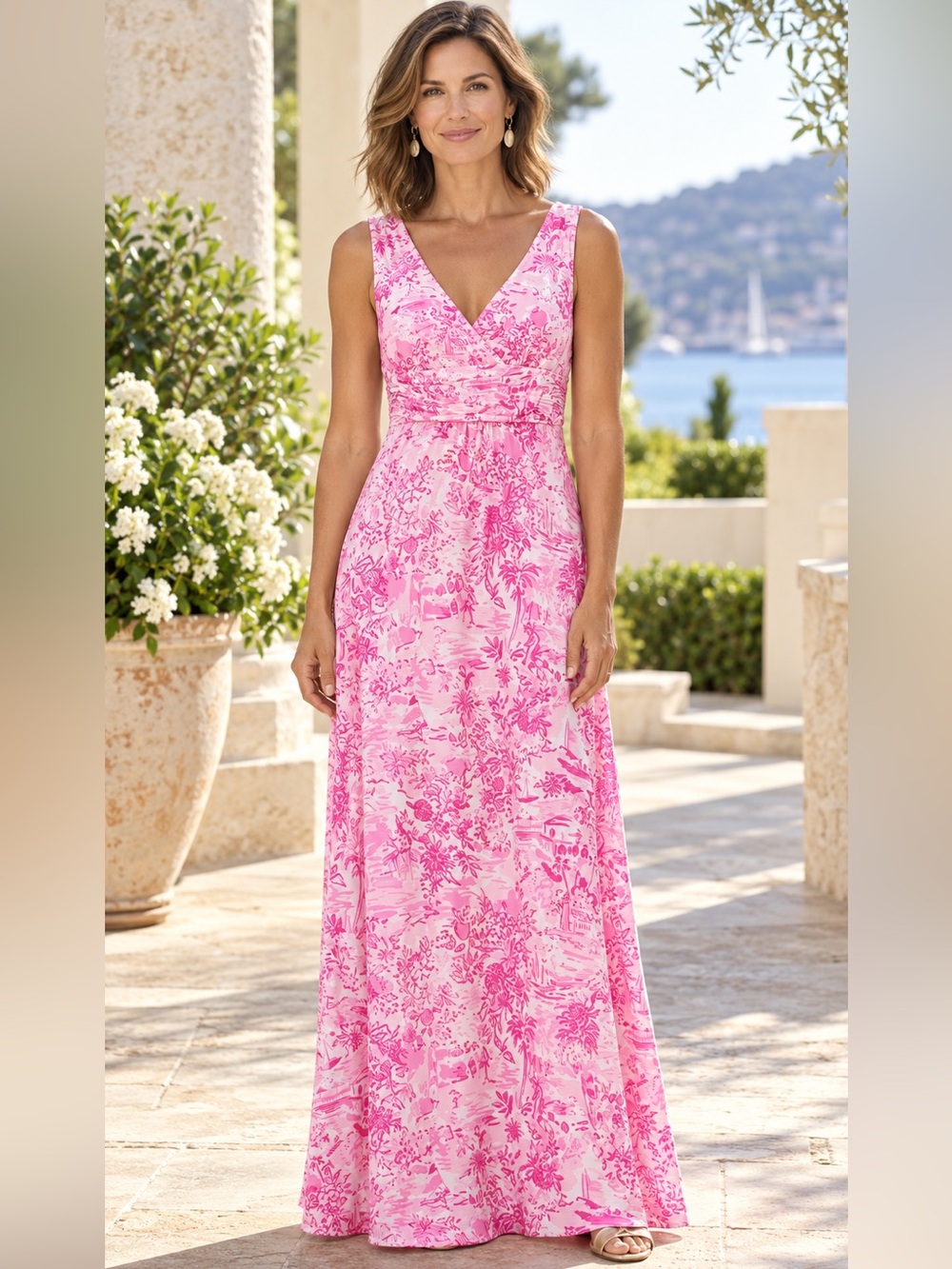Lilly Pulitzer Sloane Maxi Dress Peony Pink Seaside Scene Size Large NWT